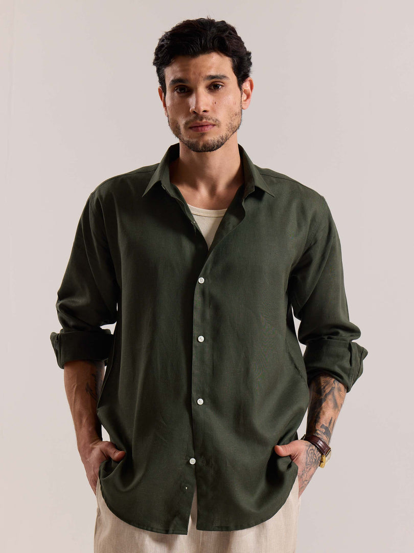 Dark Green Linen-blend Shirt