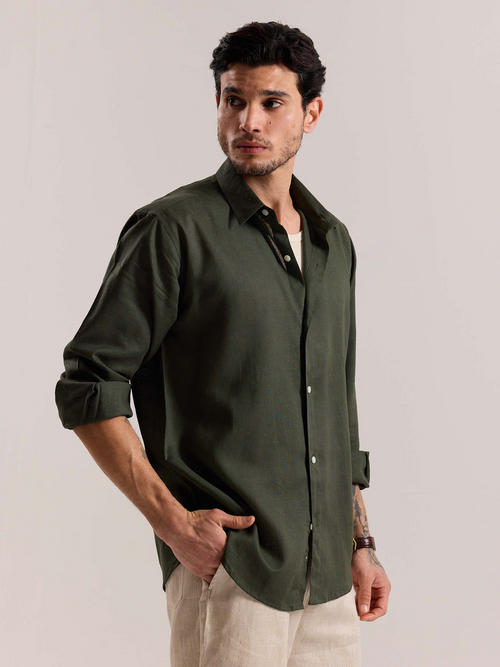 Dark Green Linen-blend Shirt