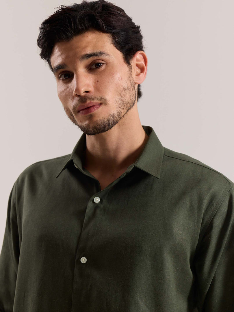 Dark Green Linen-blend Shirt