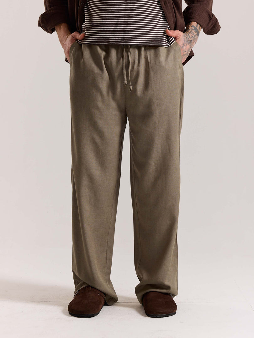Khaki Green Linen Pull-on Pants