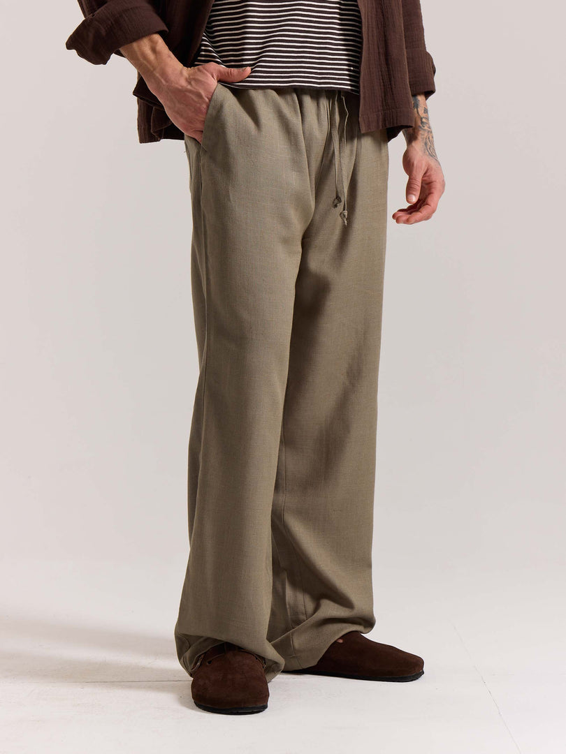 Khaki Green Linen Pull-on Pants